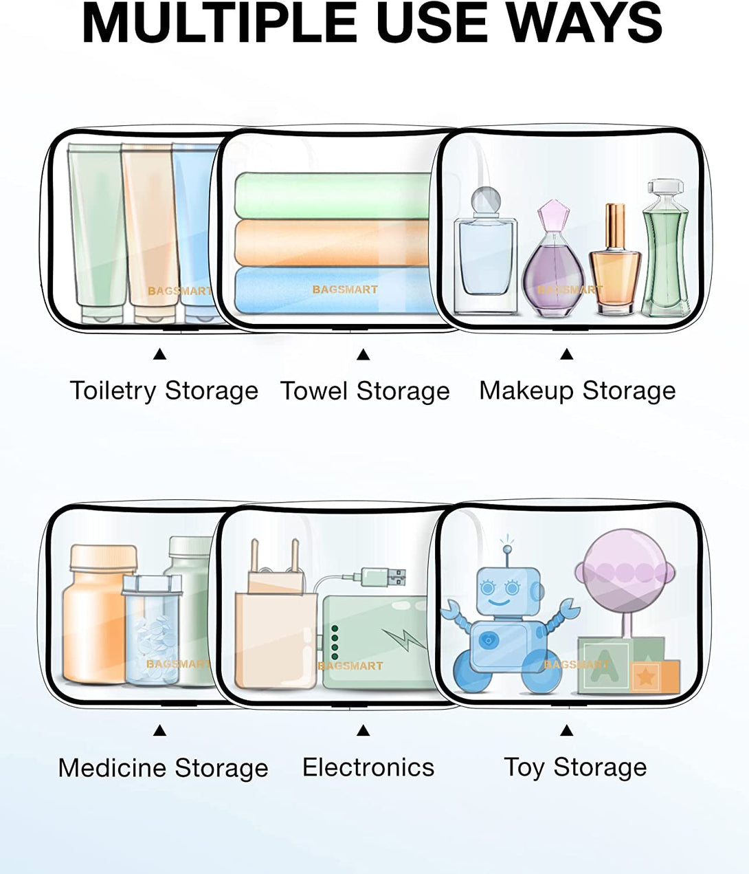 BAGSMART Clear Toiletry Bag, 2 Packs TSA Approved Water Resistant Quart Size Travel Organizer, Airport Airline Travel Essential Carry on Makeup Cosmetic Bags for Women, Black