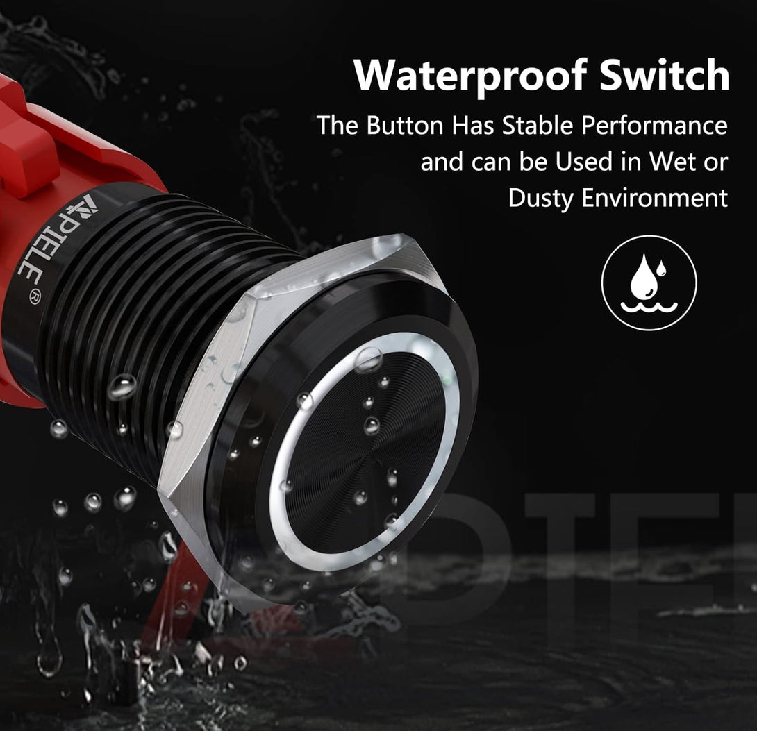 APIELE 10 Amp 16Mm Latching Push Button Switch 12V Angel Eye LED Waterproof round Self-Locking 1NO (Black Aluminum, White)