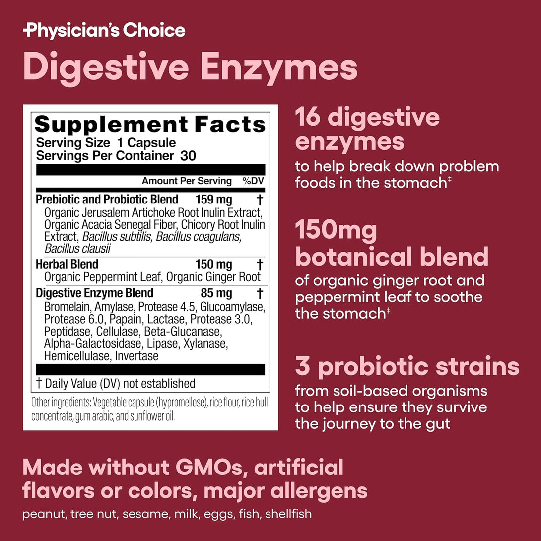 Physician'S CHOICE Digestive Enzymes - Multi Enzymes, Bromelain, Organic Prebiotics & Probiotics for Digestive Health & Gut Health - Bloating & Meal Time Discomfort - Dual Action - All Diets - 30 CT