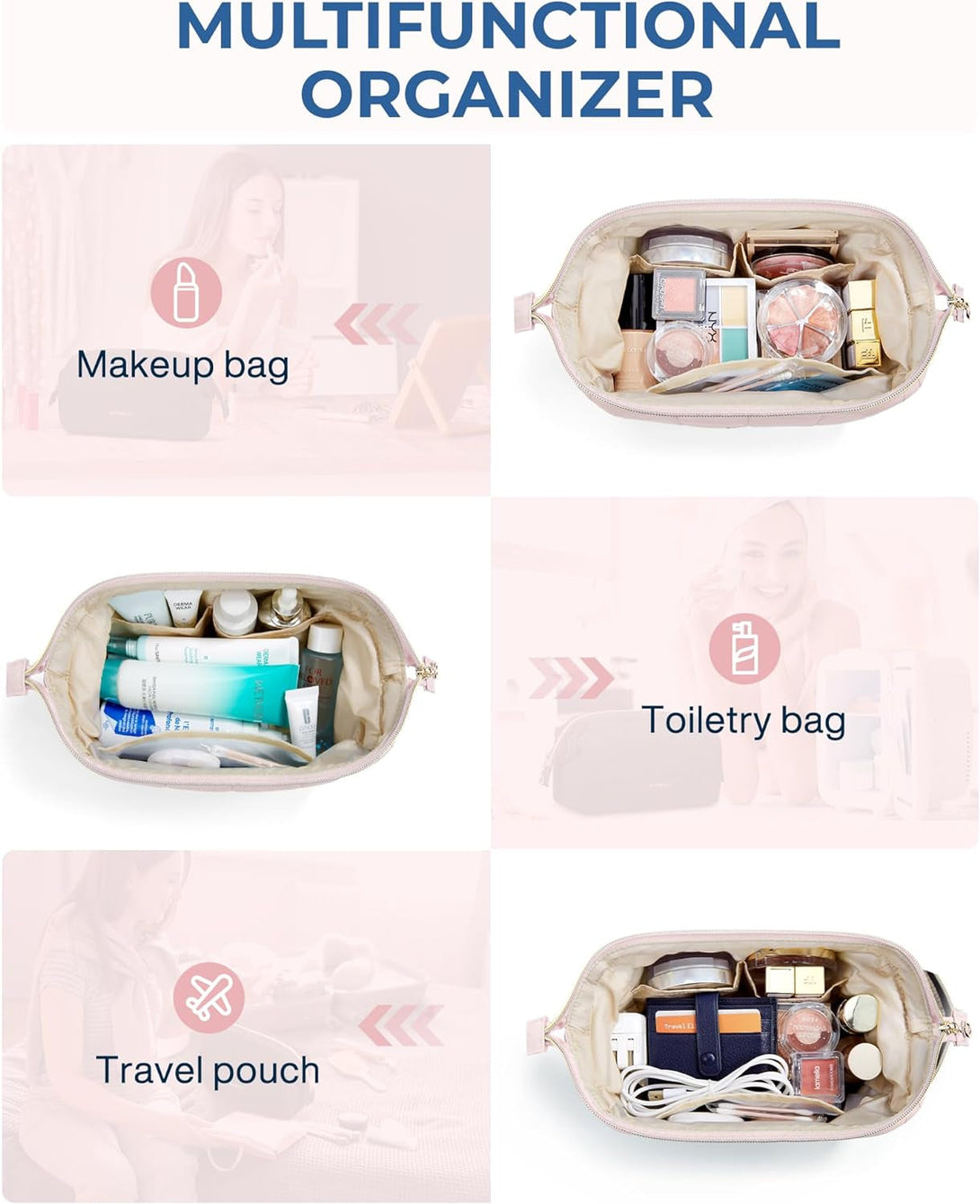 BAGSMART Makeup Bag Travel Toiletry Bag, Puffy Padded Make up Bags for Women Makeup Organizer Case, Wide-Open Pouch Purse Travel Essentials Toiletries Accessories Brushes, Pink