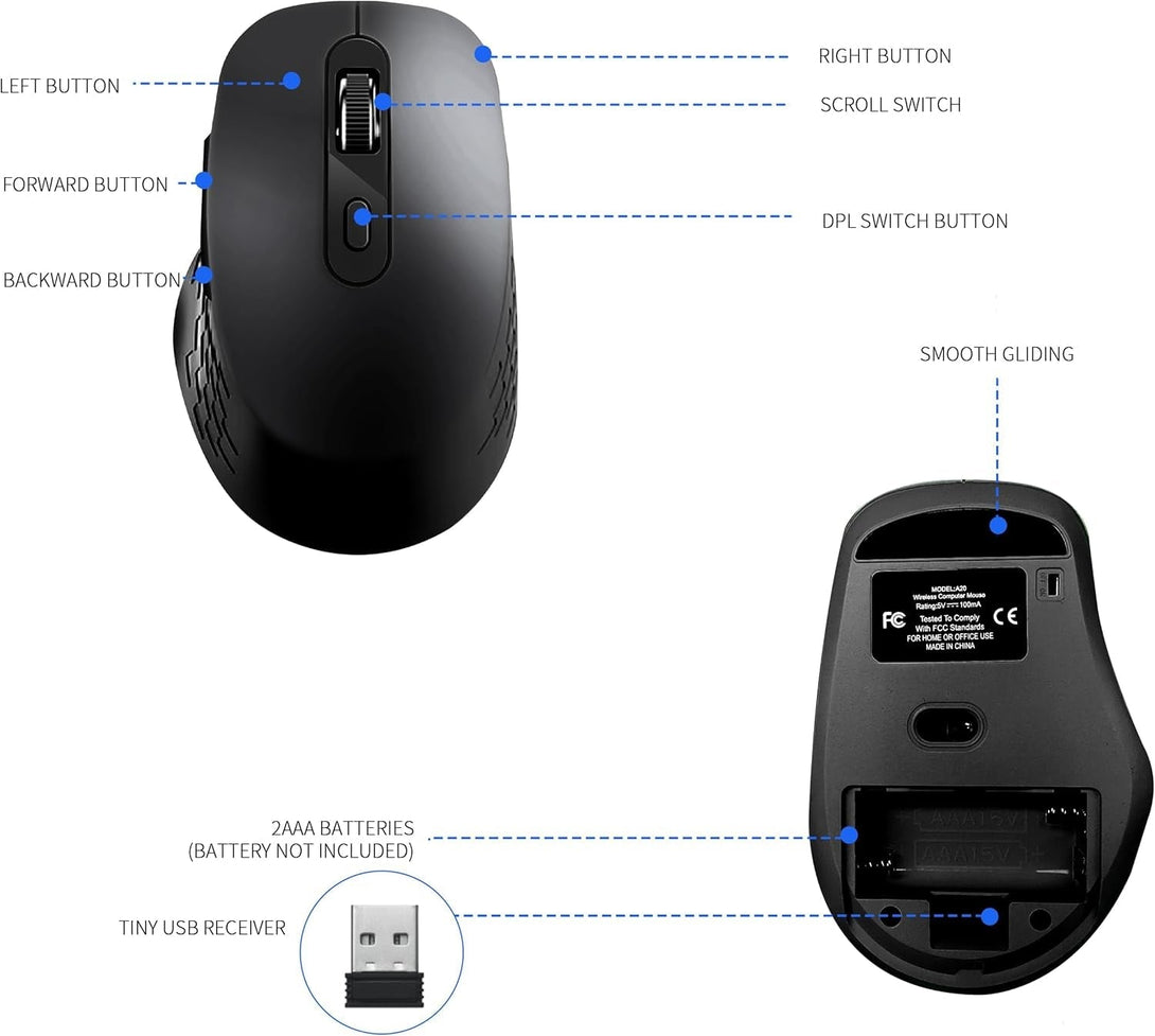 Wireless Mouse,2.4G USB Computer Mouse with 3-Level, Silent Quiet Click, Ergonomic, 6 Buttons Portable for Pc,Laptop,Chromebook,Mac - Black