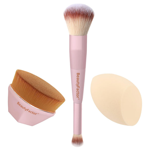 Makeup Brushes Set - 3 Piece Kabuki, Blush, and Concealer Blending Brushes with Sponge for Foundation, Cream, and Powder - Professional Quality, Soft Bristles for Flawless Application(Pink)