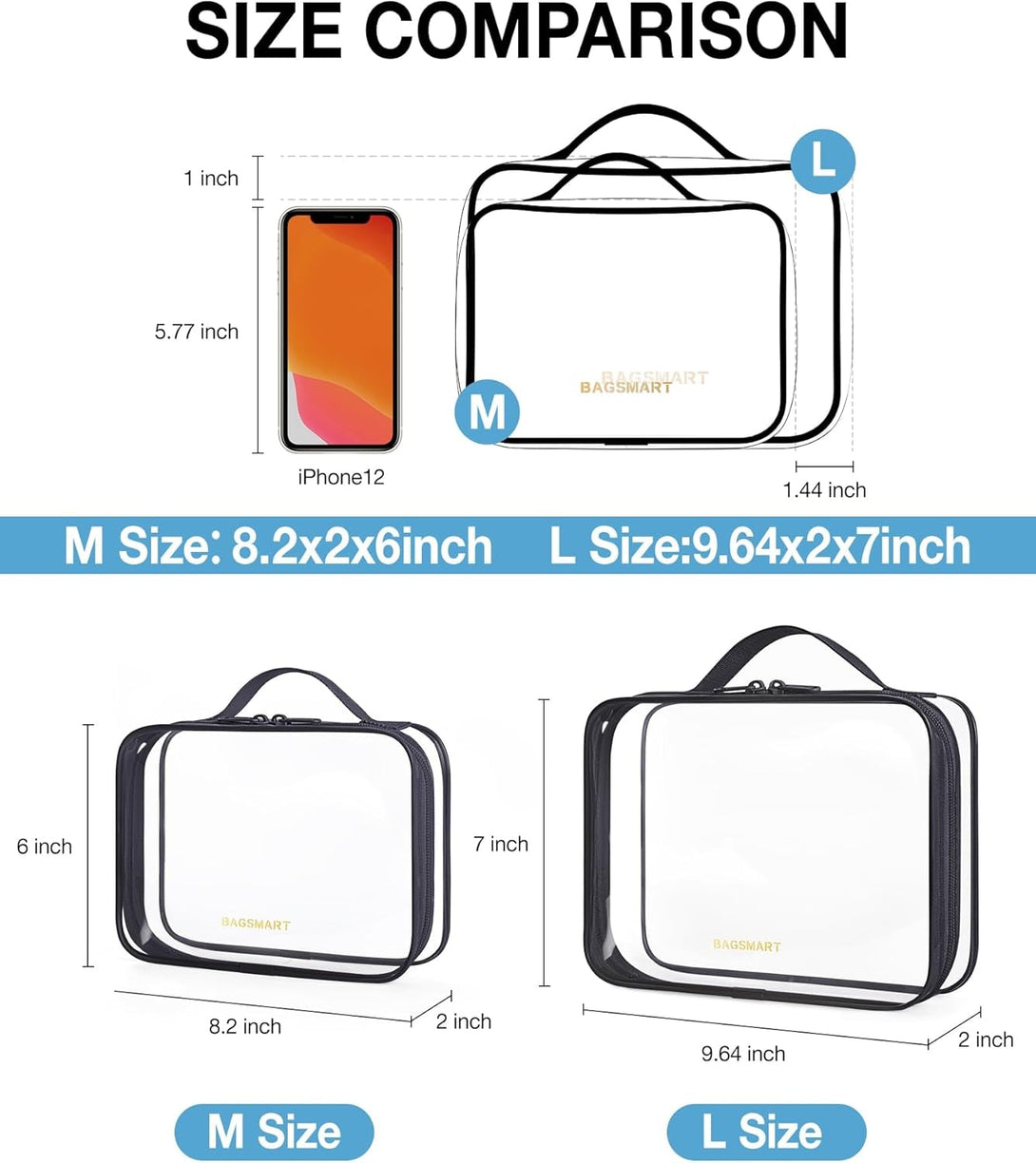 BAGSMART TSA Approved Clear Toiletry Bag, 2 Packs Quart Size Water Resistant Makeup Cosmetic Bags for Women, 2 Sizes Airport Airline Travel Essential Carry on Organizer with Handle Large Opening