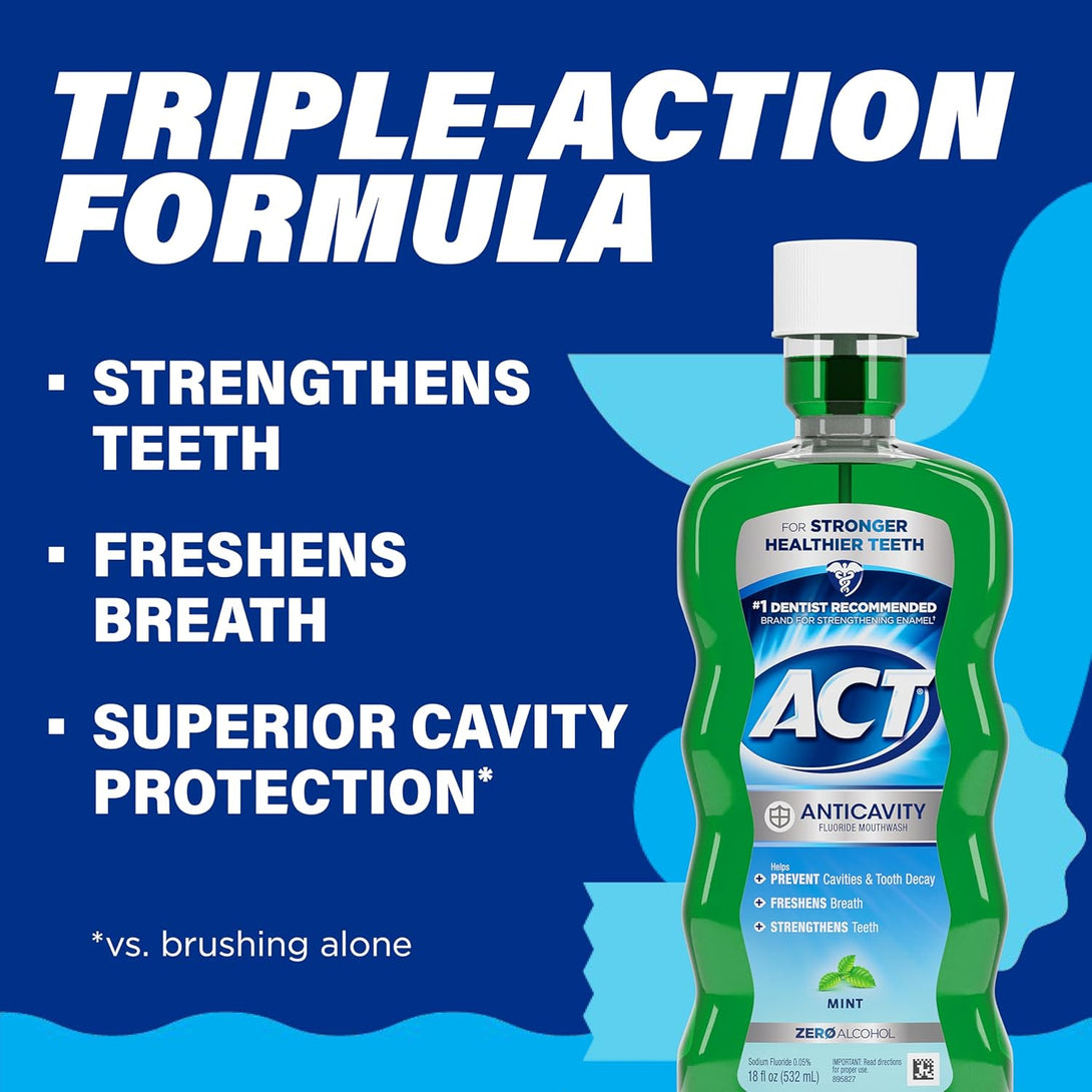 ACT Anticavity Zero Alcohol Fluoride Mouthwash 18 Fl. Oz., with Accurate Dosing Cup, Mint