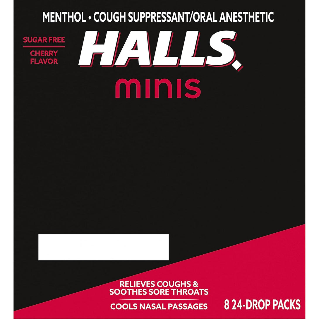 HALLS Minis Cherry Flavor Sugar Free Cough Drops, 8 Packs of 24 Drops (192 Drops Total)