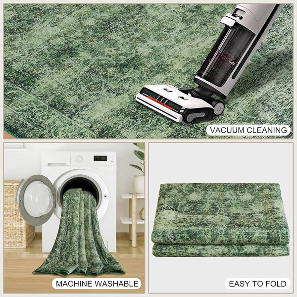 2x8 ft Runner Rug Green – Boho Indoor Area Rug, Non-Slip, Machine Washable, Low Pile Runners for Kitchen, Hallway 2' x 8' (Runner) Dark Green
