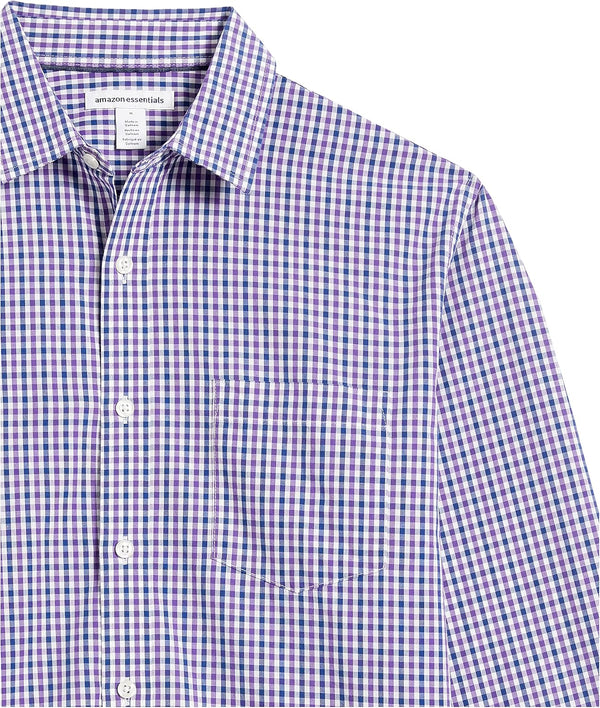 Amazon Essentials Men's Regular-Fit Long-Sleeve Casual Poplin Shirt, Button Front, Business Casual, Collared Regular Fit Blue Purple Gingham X-Large