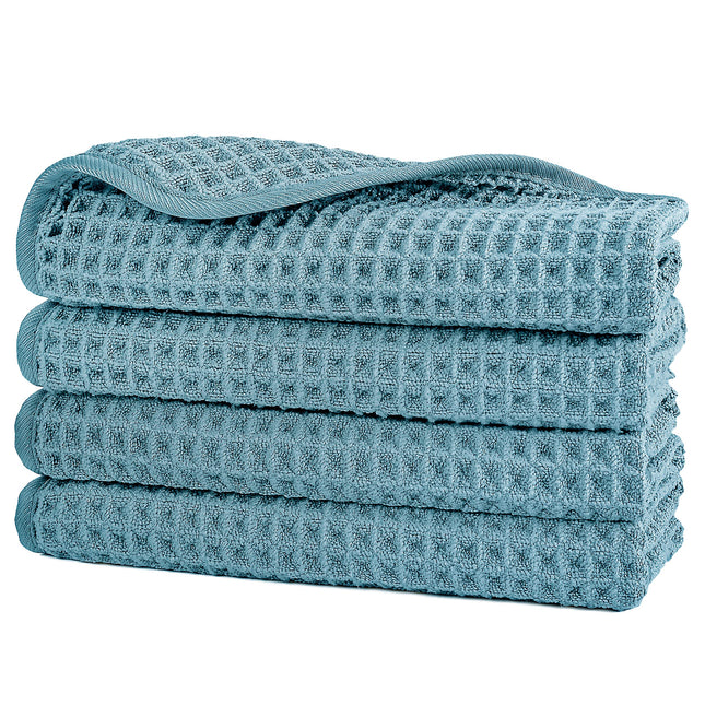 POLYTE 430 GSM Microfiber Lint Free Washcloth Face Towel, 13 x 13 in, 4 Pack (Waffle Weave) Green