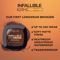 L'Oreal Paris Infallible up to 24H Fresh Wear Soft Matte Longwear Bronzer. Waterproof, Heatproof, Transfer, Humidity and Sweatproof, Fair, 0.31 Oz