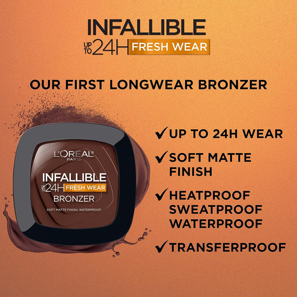 L'Oreal Paris Infallible up to 24H Fresh Wear Soft Matte Longwear Bronzer. Waterproof, Heatproof, Transfer, Humidity and Sweatproof, Fair, 0.31 Oz