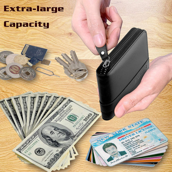 Admetus Men's Genuine Leather Short Zip-around Bifold Wallet Black-1825