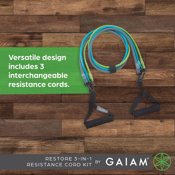 Gaiam 3-In-1 Resistance Band Kit with Comfort-Grip Handles and Interchangeable Strength Bands for High Intensity Training