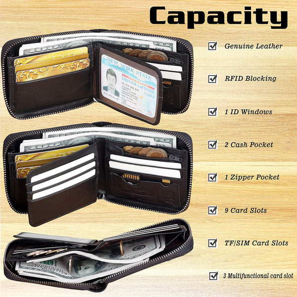 Admetus Men's Genuine Leather Short Zip-around Bifold Wallet Black-1825