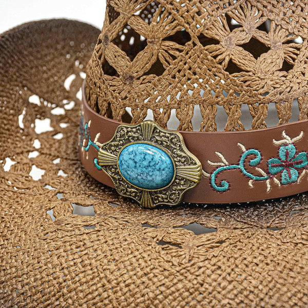FLUFFY SENSE. Cowgirl Hats for Women Straw Cowboy Hat Western Beach Sun Hat with Shapeable Brim for Coastal Cowgirl 6 5/8-7 1/2 Pecan Brown