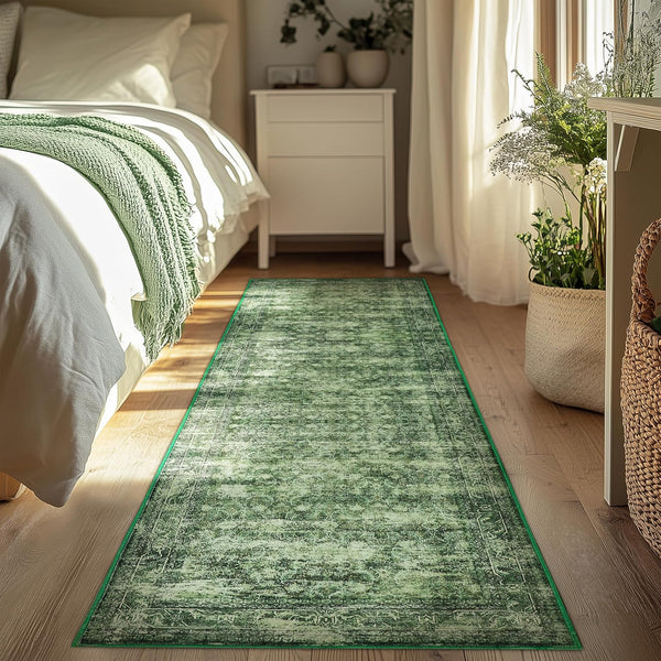 2x8 ft Runner Rug Green – Boho Indoor Area Rug, Non-Slip, Machine Washable, Low Pile Runners for Kitchen, Hallway 2' x 8' (Runner) Dark Green