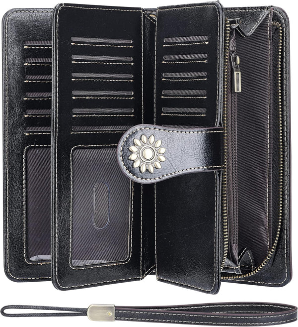 Lavemi Womens Large Capacity Genuine Leather RFID Blocking Wallets Wristlet Clutch Card Holder 1-waxed Black
