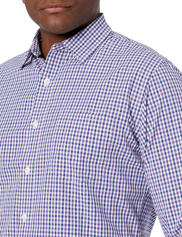 Amazon Essentials Men's Regular-Fit Long-Sleeve Casual Poplin Shirt, Button Front, Business Casual, Collared Regular Fit Blue Purple Gingham X-Large