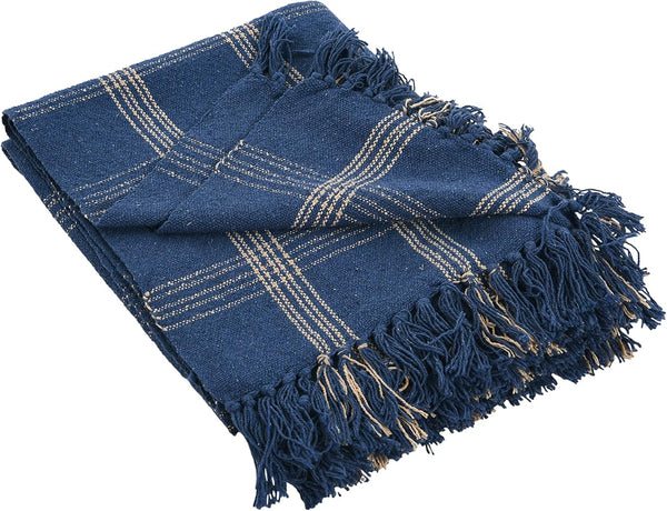 Creative Co-Op Recycled Cotton Blend Throw Blanket with Fringe, Blue Plaid