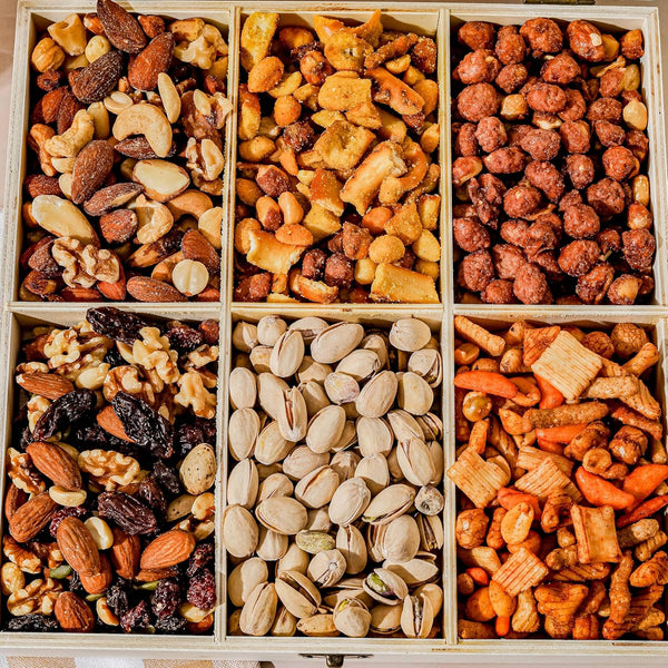Nut Gift Basket, in Reusable Wooden Crate, Healthy Fathers Day Gift Option, Gourmet Snack Food Box, with Unique Flavors, Great for Feel Better,
