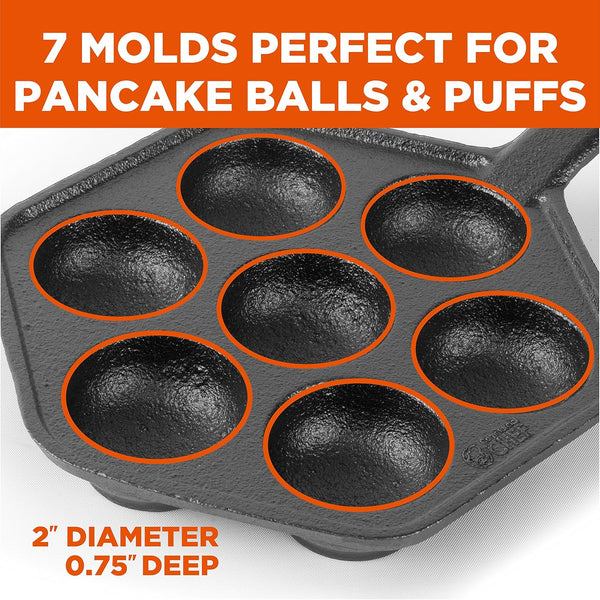 Commercial CHEF Danish Aebleskiver Pan, Pre-Seasoned Cast Iron, Seven Sections For Mini Puffs and Pancake Balls, Works on All Cooktops Including
