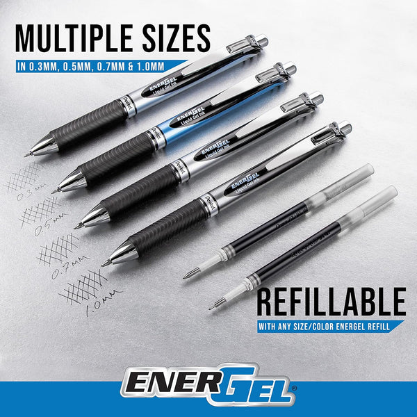 Pentel EnerGel RTX Retractable Liquid Gel Pen, (0.7mm) Metal Tip, Medium Line, Navy Blue Ink, Box of 12 (BL77-CA) Blue 12 Count (Pack of 1) 12 Pack