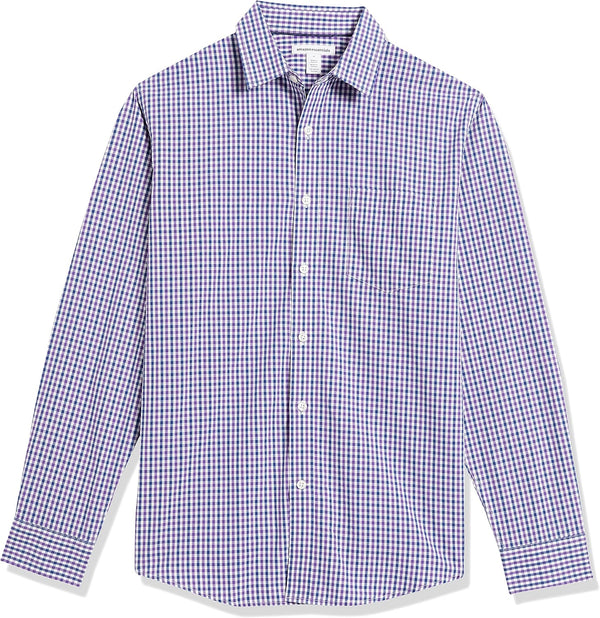 Amazon Essentials Men's Regular-Fit Long-Sleeve Casual Poplin Shirt, Button Front, Business Casual, Collared Regular Fit Blue Purple Gingham X-Large