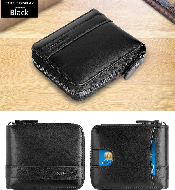 Admetus Men's Genuine Leather Short Zip-around Bifold Wallet Black-1825
