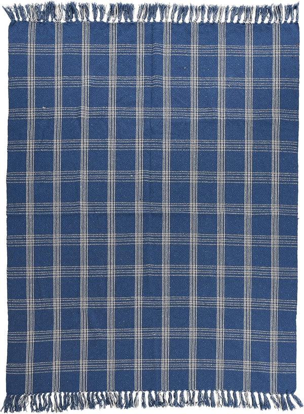 Creative Co-Op Recycled Cotton Blend Throw Blanket with Fringe, Blue Plaid