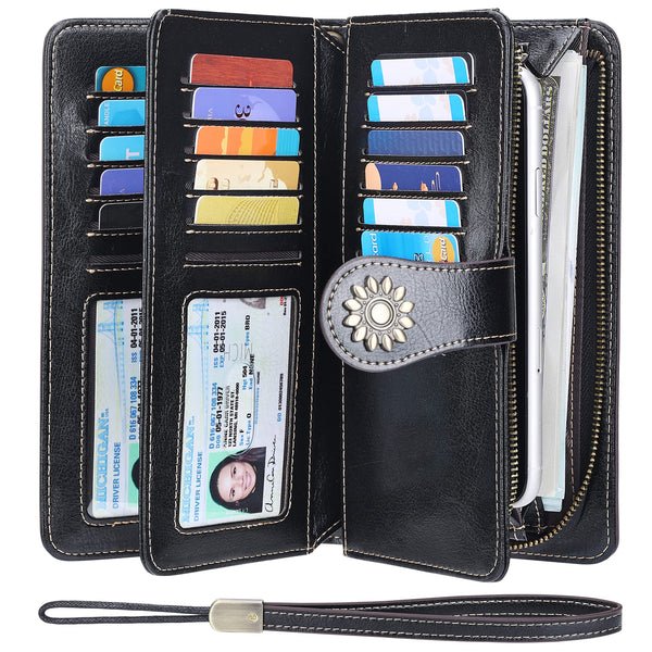 Lavemi Womens Large Capacity Genuine Leather RFID Blocking Wallets Wristlet Clutch Card Holder 1-waxed Black