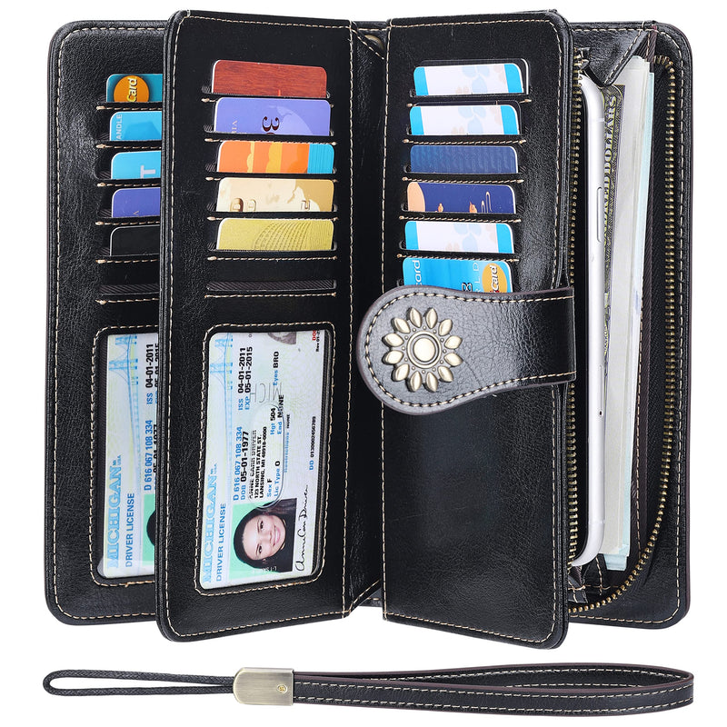 Lavemi Womens Large Capacity Genuine Leather RFID Blocking Wallets Wristlet Clutch Card Holder 1-waxed Black