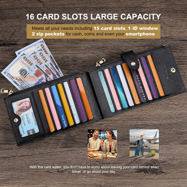 Travelambo RFID Wallet Women Large Size Bifold Multi Card Wallet Case with Zipper Pocke Credit Card Holder for Women