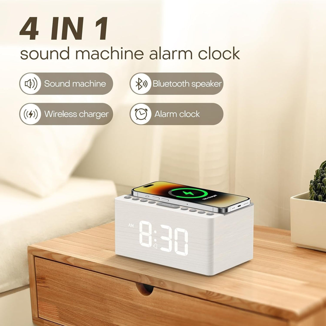 ANJANK Wooden Sound Machine Alarm Clock for Bedroom, Bluetooth Speaker, 20 Soothing Sounds, 0-100% Dimmer, Wireless Charging Station for Iphone/Samsung, Sleep Timer, White Noise Machine for Sleeping