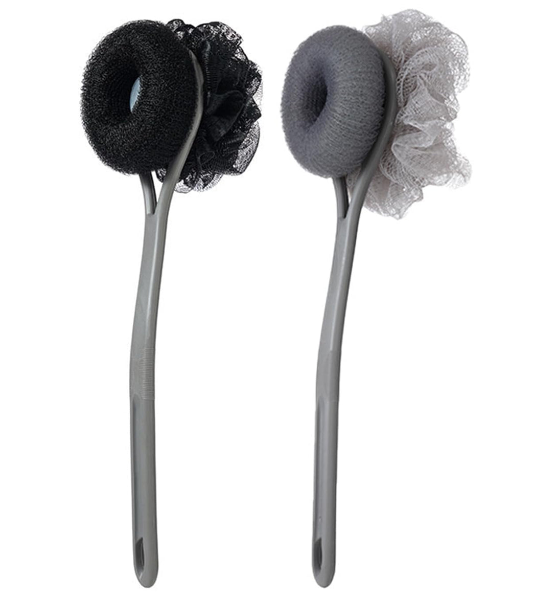 AARAINBOW 2 Packs Shower Body Brush with Bristles and Loofah, Back Scrubber Mesh Sponge with Long Handle for Skin Exfoliating Bath, Massage Bristles for Wet or Dry (C-Black+Gray)
