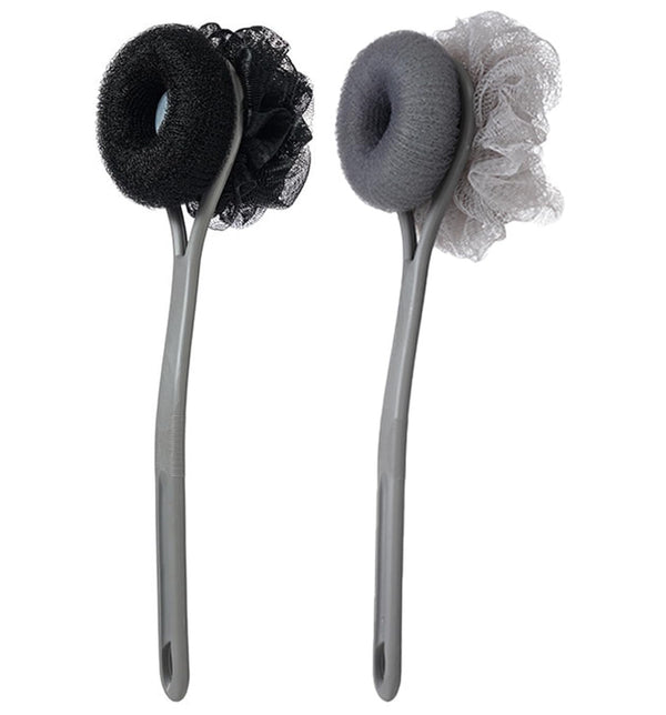 AARAINBOW 2 Packs Shower Body Brush with Bristles and Loofah, Back Scrubber Mesh Sponge with Long Handle for Skin Exfoliating Bath, Massage Bristles for Wet or Dry (C-Black+Gray)