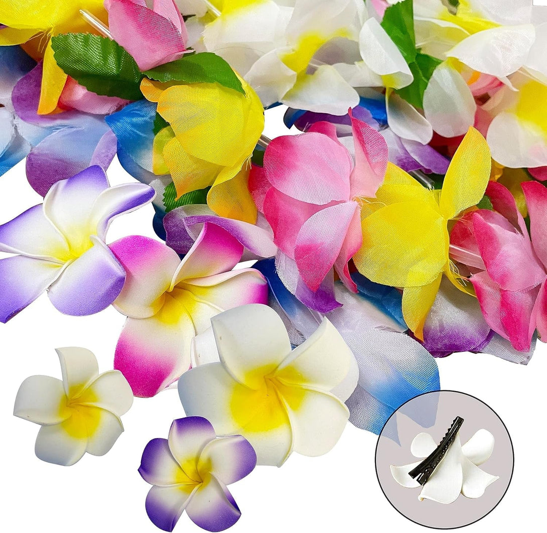 18 Counts Hawaiian Leis, Flower Hair Clip, Headbands and Wristbands, Perfect Luau Party Supplies for Summer Beach Vacations, Essential Party Decorations for Birthday, Graduation, and Wedding