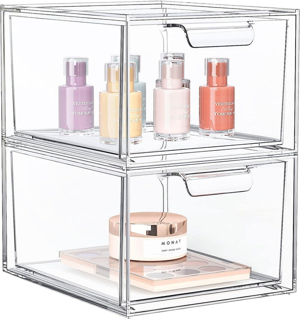 2 Pack Stackable Makeup Organizer and Storage, Acrylic Organizers，Clear Plastic Storage Drawer with Handles for Vanity, Undersink, Kitchen Cabinets, Pantry