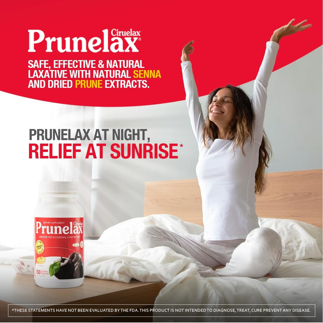 Prunelax Ciruelax Regular Strength Laxative Tablets - Natural-Ingredient Based Laxative for Occasional Constipation, Predictable Overnight Relief with Senna Leaf Extracts, 8-12 Hr Fast-Acting - 150Ct