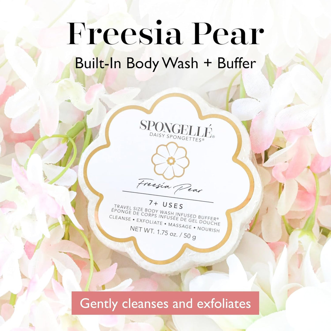 Spongelle Freesia Pear Spongette Loofah Body Scrubber | Bath & Shower Loofah for Women | Body Scrubber Exfoliator with Body Wash Infused Sponge | 5+ Uses | Fresh Freesia, Juicy Pear & Musk