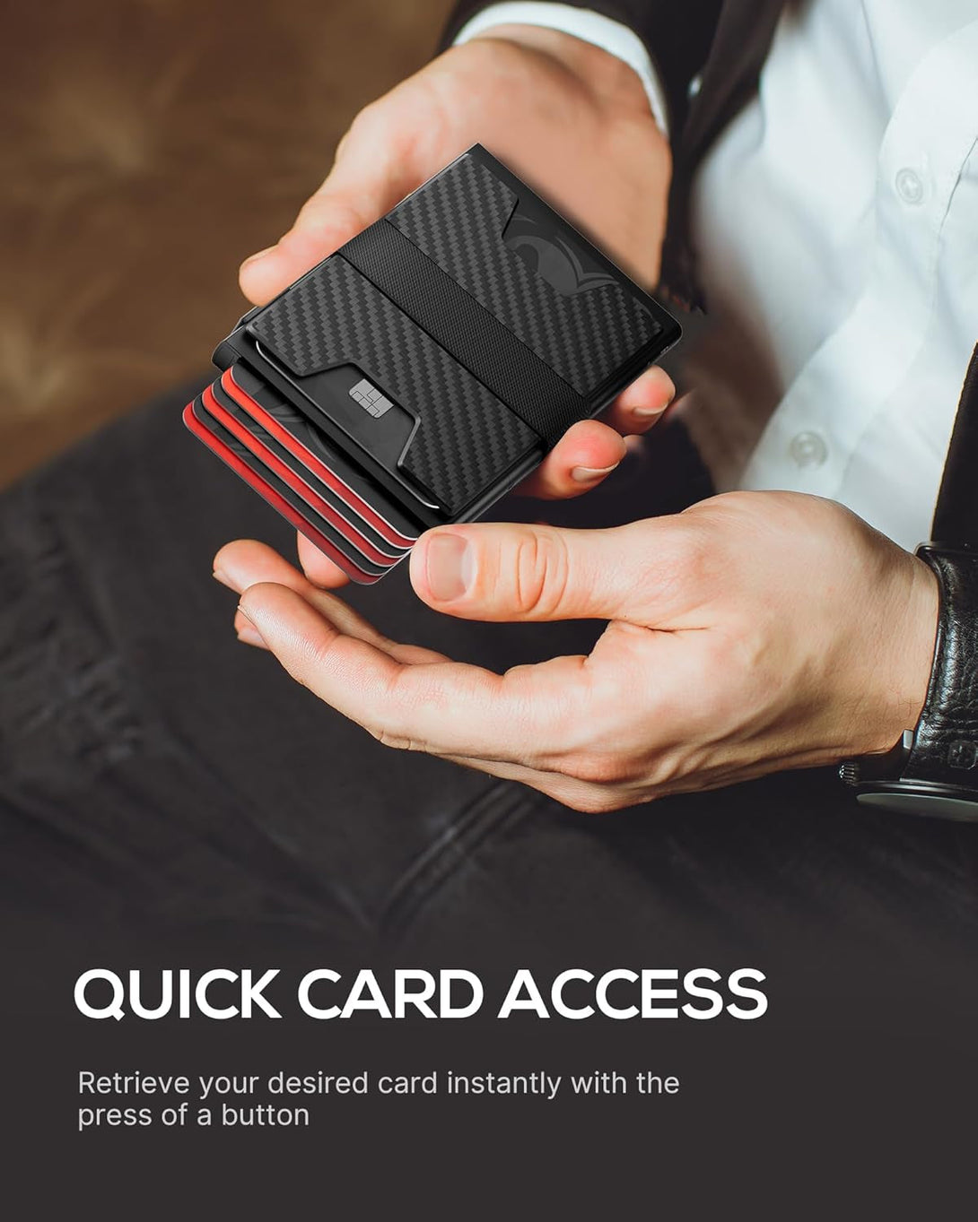 Mens Wallet Card Holder - Metal Pop up Card Case, Real Carbon Fiber, Smart, Minimalist, RFID Blocking, Slim, Thin, Front Pocket - Holds up to 12 Cards and 10 Bills