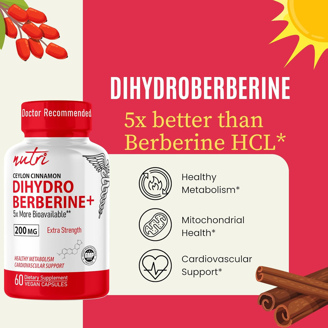 Dihydroberberine Supplement 200Mg 60 Capsules - with Ceylon Cinnamon - 5X More Effective than Regular Berberine HCL - Super Berberine with Ceylon Cinnamon - Dihydroberberine with Ceylon Cinnamon