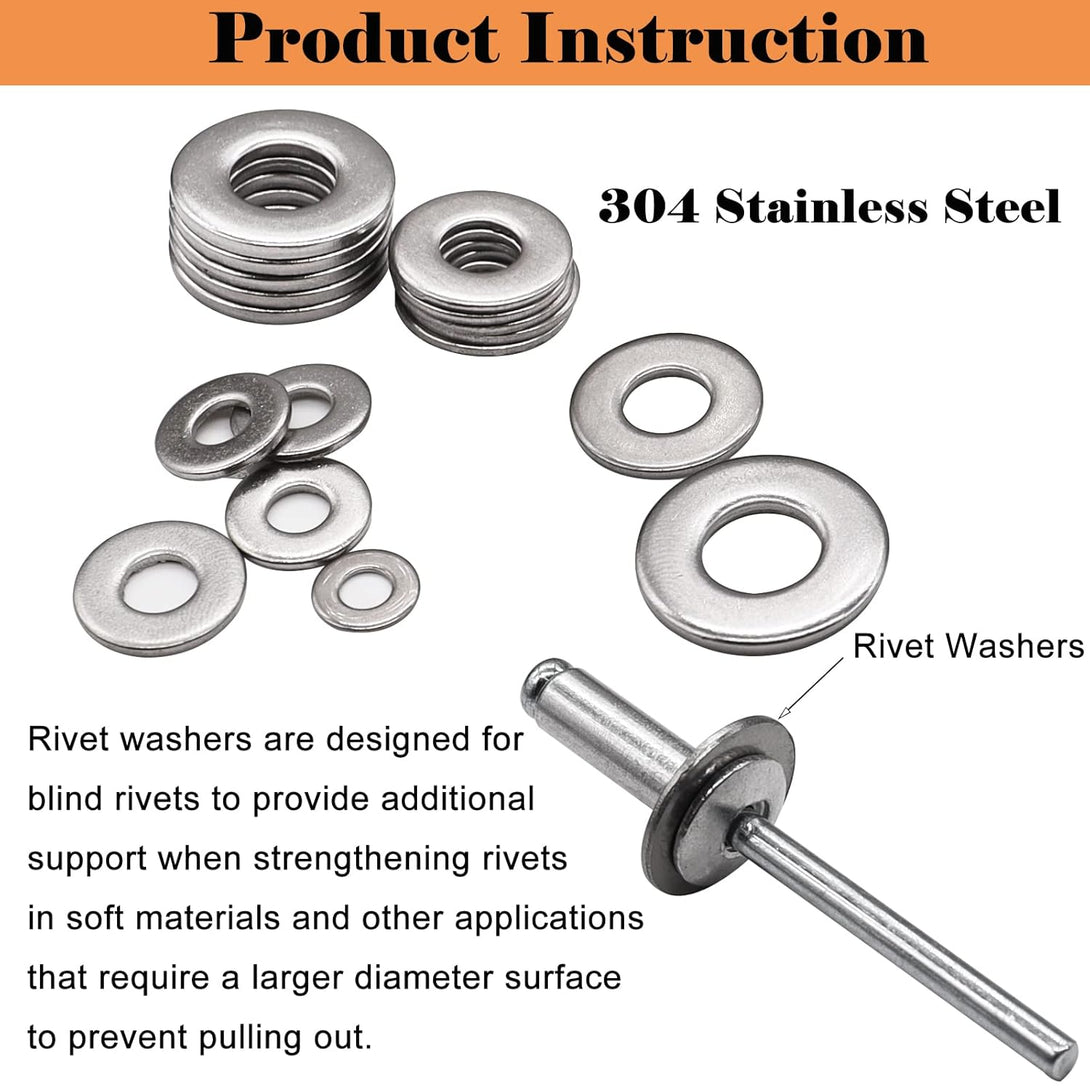 325Pcs Stainless Steel Washers for Blind Pop Rivets Assortment Kit, Backup Rivet Washers Diameter 3/32 Inch 1/8Inch 5/32Inch 3/16Inch 1/4Inch