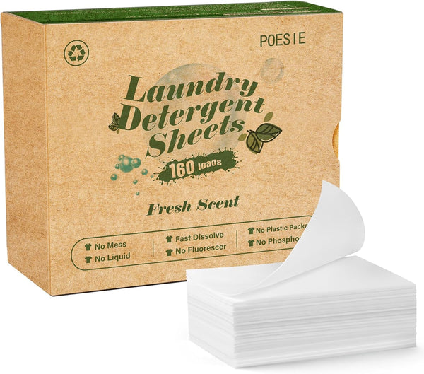 Poesie Laundry Detergent Sheets Fresh Scent 160 Sheets Clear Plastic-Free Hypoallergenic Liquid Less Sheets for Home Dorm Travel Camping & Hand Washing Clean No Waste