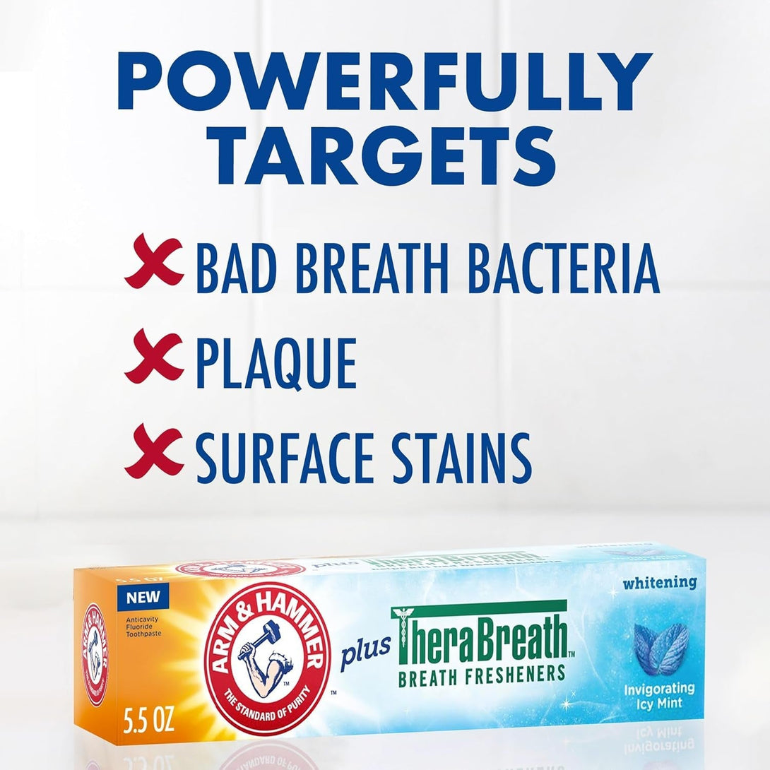 ARM & HAMMER Toothpaste plus Therabreath Breath Fresheners, Invigorating ICY Mint Flavor, Whitening Anticavity Fluoride Toothpaste for Bad Breath, 5.5 Oz (Pack of 2)