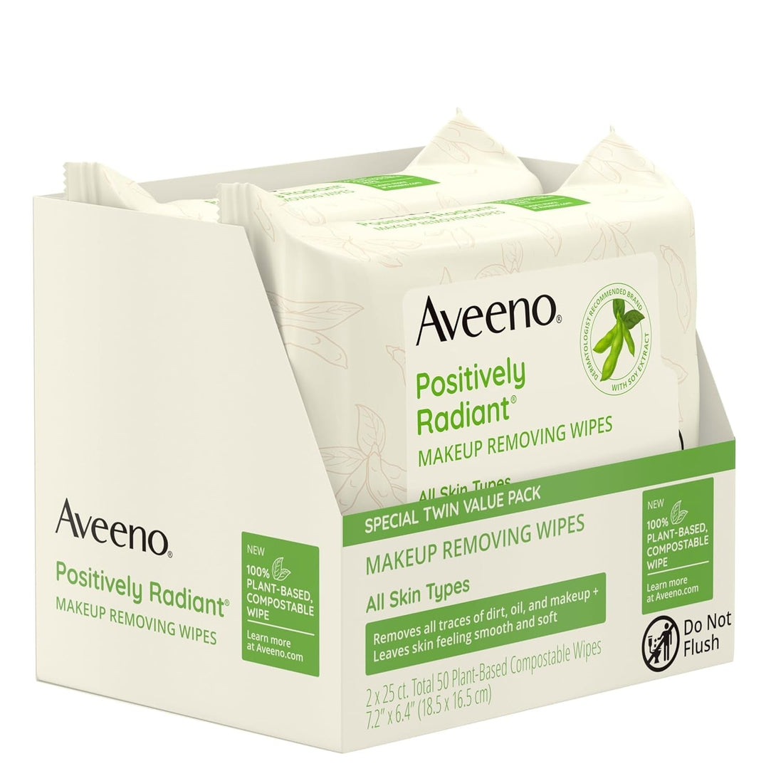 Aveeno Positively Radiant Oil-Free Makeup Removing Face Wipes to Help Even Skin Tone and Texture with Moisture-Rich Soy Extract, Gentle Facial Cleansing Wipes, Twin Pack, 2 X 25 Ct.