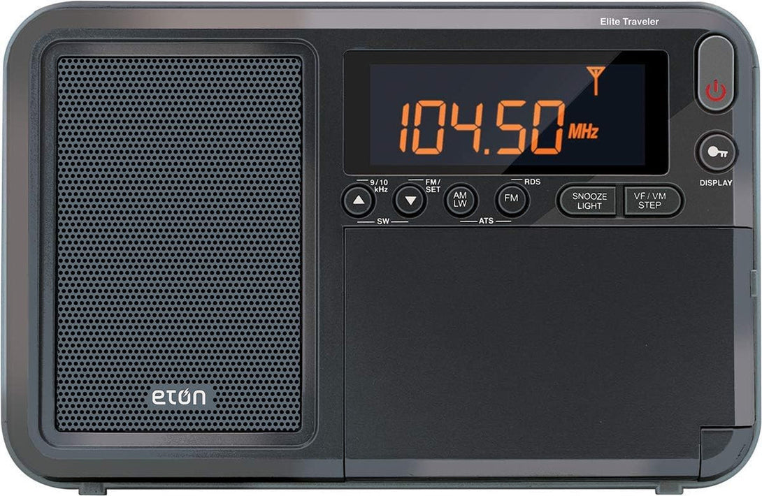 Eton Elite Traveler AM/FM, Longwave, Shortwave Radio with RDS, World Clock, 500 Stations, Dial Tuning, Alarm, Sleep Timer, Leather Case, Portable International Radio with High-Contrast LCD