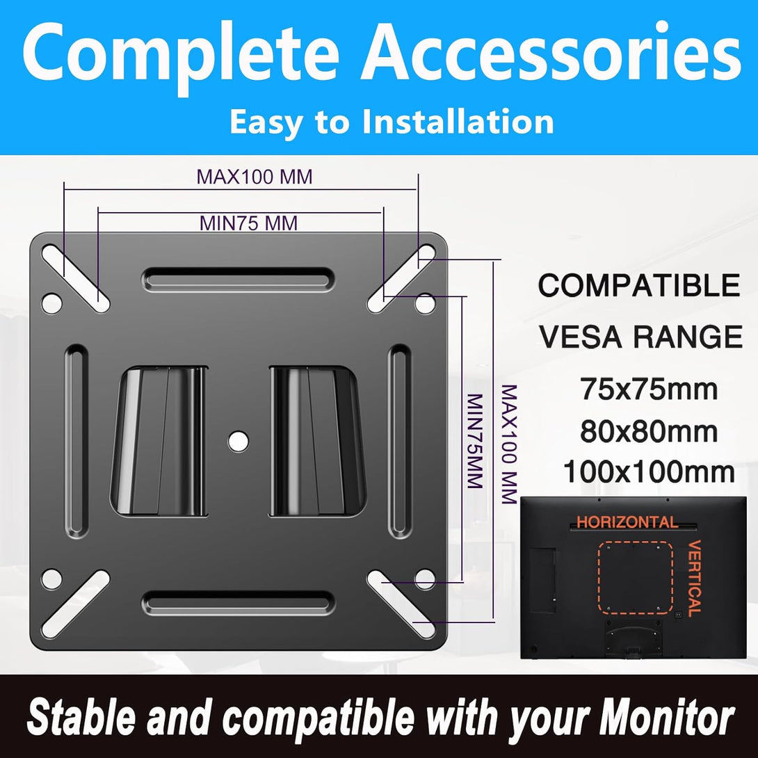 TETVIK Monitor Wall Mount Most 14-24“ Tvs Computer Universal Low Profile RV TV Wall Mount VESA up to 100X100Mm Max Weight 30Lbs Fits 15 19 20 22 23 Inch Camper Small Monitor Mount Bracket