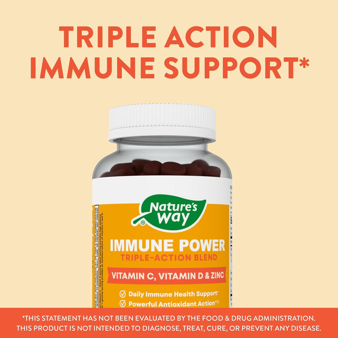 Nature'S Way Immune Power, Triple Action Immune Support Blend*, Vitamins C and D, Zinc, Strawberry-Orange Flavored, 90 Gummies