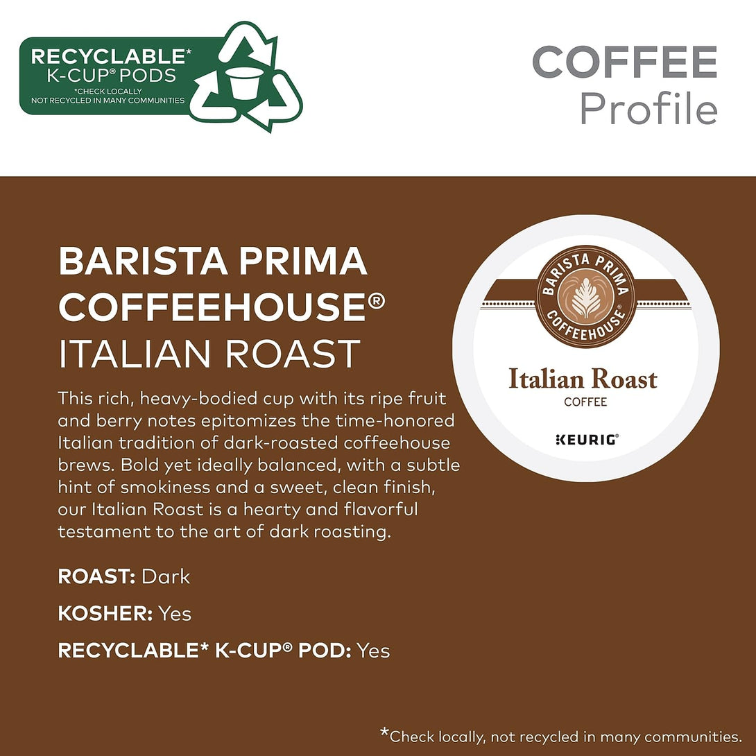 Barista Prima Italian Roast Coffee, Keurig K-Cup Pods, Dark Roast, 96/Carton (66149)