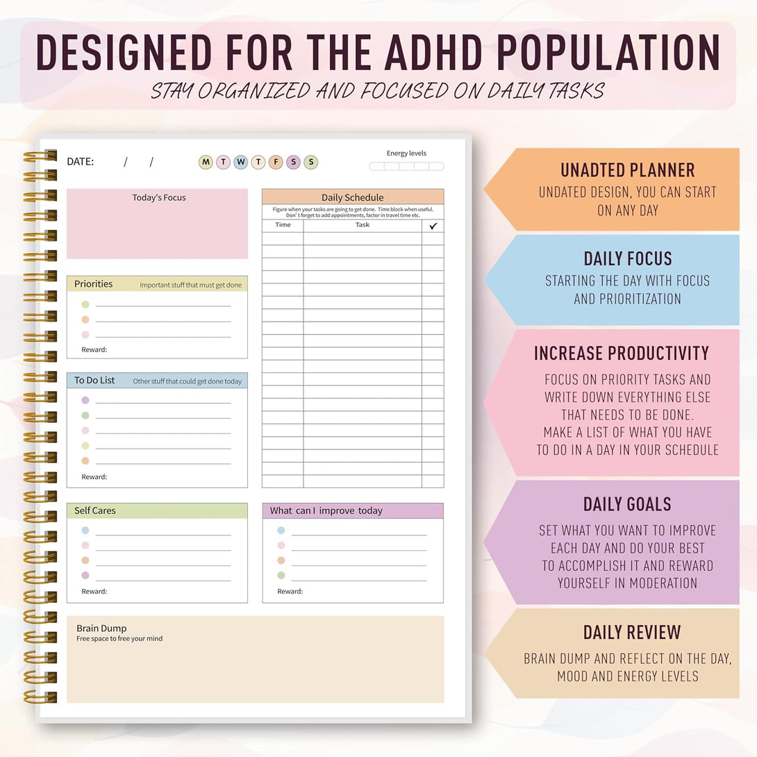 ADHD Daily Planner - Productivity Planner & Undated Task Management Organizer for Neurodivergent Adults, Focused Planners for Men & Women - B5 Colorful Leaves