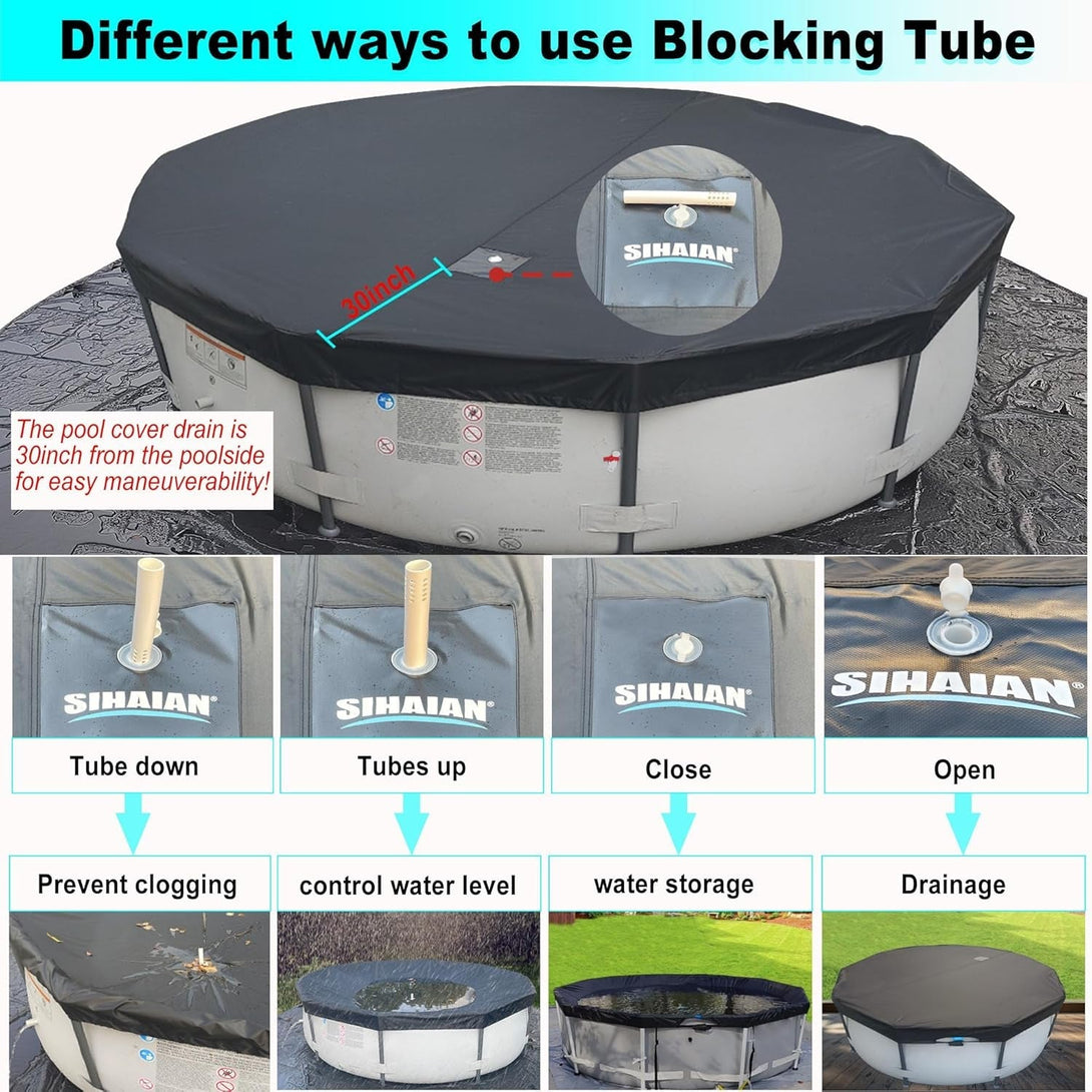 12 Ft Pool Cover, with Automatic Drain round Pool Cover, One-Piece Quick Installation and Removal above Ground Pool Cover, Preventing Waterlogging, UV Protected Solar Swimming Pool Cover